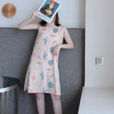 Milk Silk Cartoon Pajamas Female Summer New Round Neck Flower Mid-length Nightdress Sweet Student Home Service