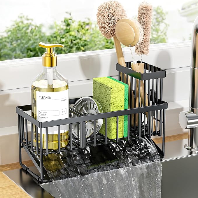 Stainless Steel Kitchen Sink Caddy With Sponge And Brush Holder, Self-Draining Rustproof Sink Organizer
