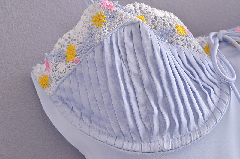 New Blue Floral Embroidered Pleated Satin Back Suspender Dress Skirt