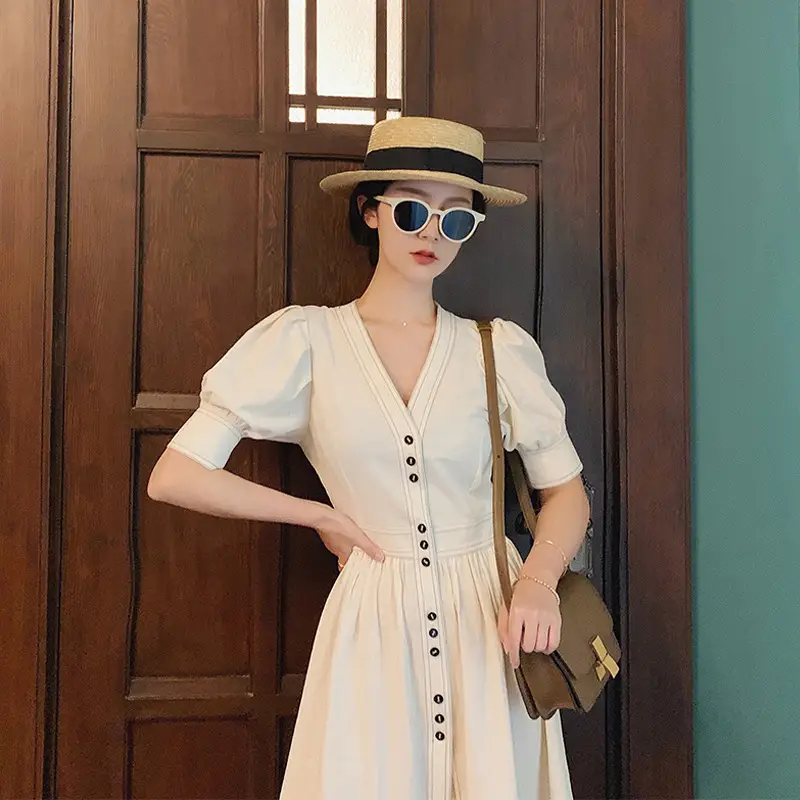 Women's High Waisted Lantern Sleeve White V-neck Dress