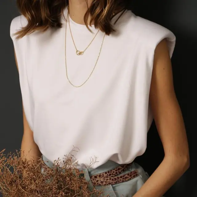 Fashionable Shoulder Pads Silhouette Vest T shirt White - Shop at LoveMi