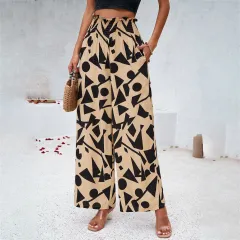 Elegant Printed Trousers Summer Loose Elastic High Waist Straight Pants For Beach Vacation Womens Clothing - Yellow - View 1