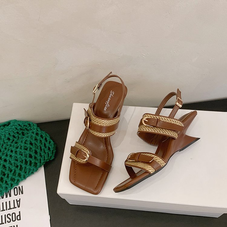 2026 Summer New Women Woven French Retro Open Toe Wedge Slide Sandals, Belt Buckle High Heel Outdoor Slippers