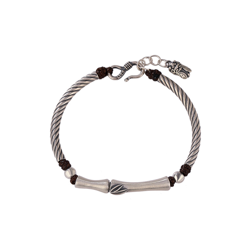 Silver S999 Full Silver Vintage Personality Slub Bamboo Leaf Bracelet