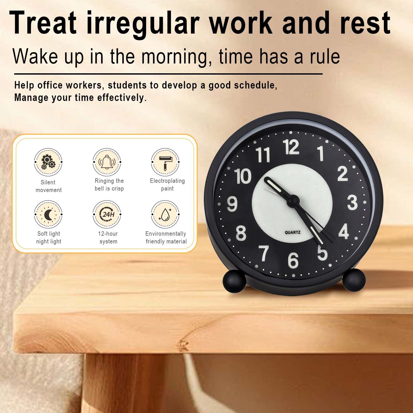 Black Silent Bedside Alarm Clock Non Ticking