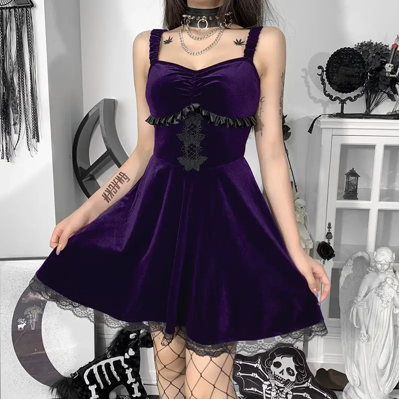 Lace Sling Dress European And American Autumn Suede Butterfly Embroidery High Waist Skirt