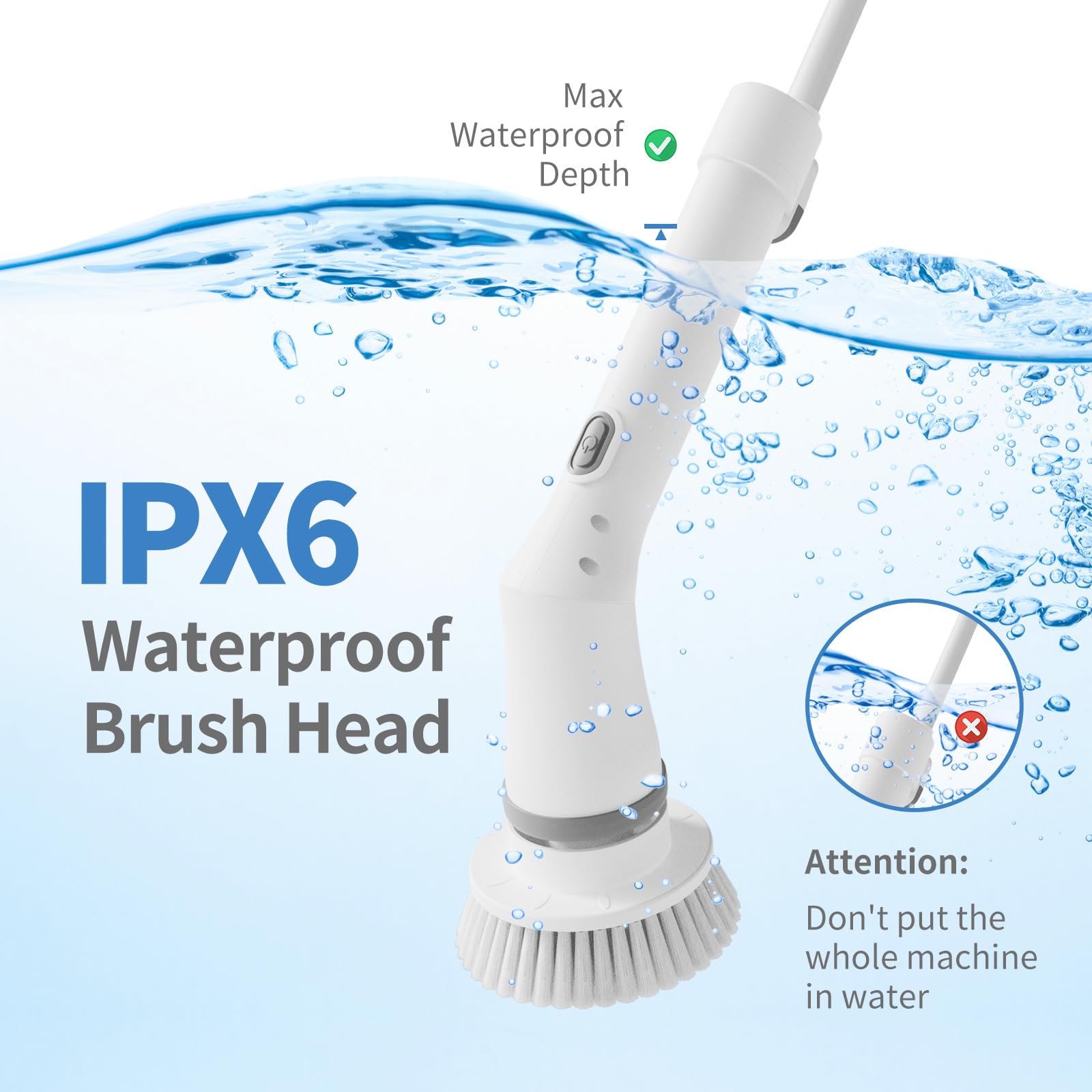 Electric Spin Scrubber with 5 Replacement Heads. BUQ spin scrubber provides 350r/min(daily cleaning) and 400r/min(deep cleaning); easy speed adjustment with a single button press. IPX6 waterproof rating ensures the electric cleaning brush can be rinsed di