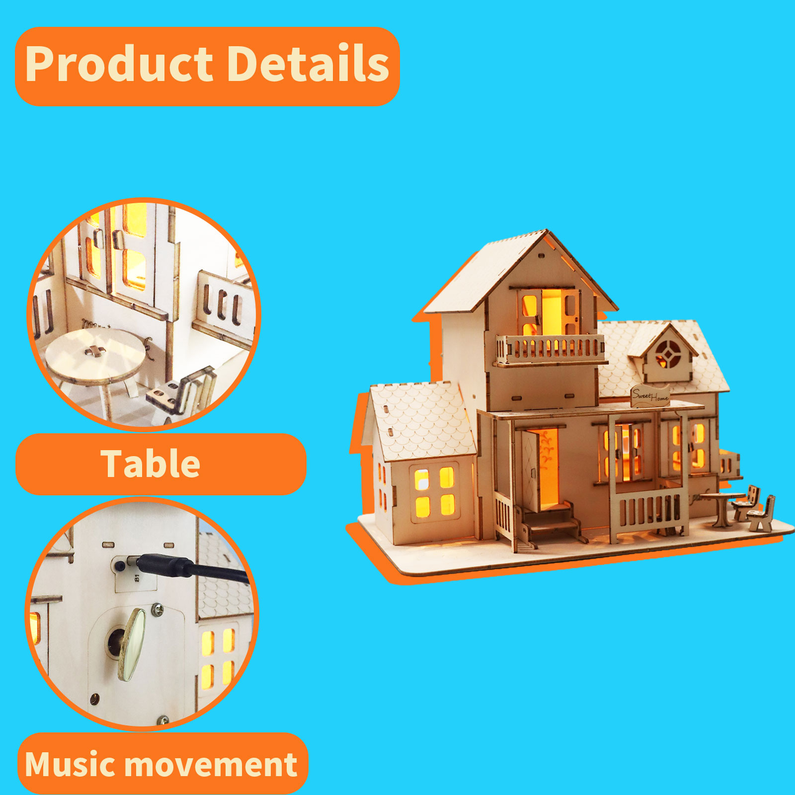Sales Are Prohibited On The TEMU And SHEIN -MUSIC PARK 3D Wooden Puzzle Sweet Home Music Box Hands Craft Miniature Dollhouse Kits 3D Model Diy House Building With LED Night Lights Gifts For Christmas — view 4