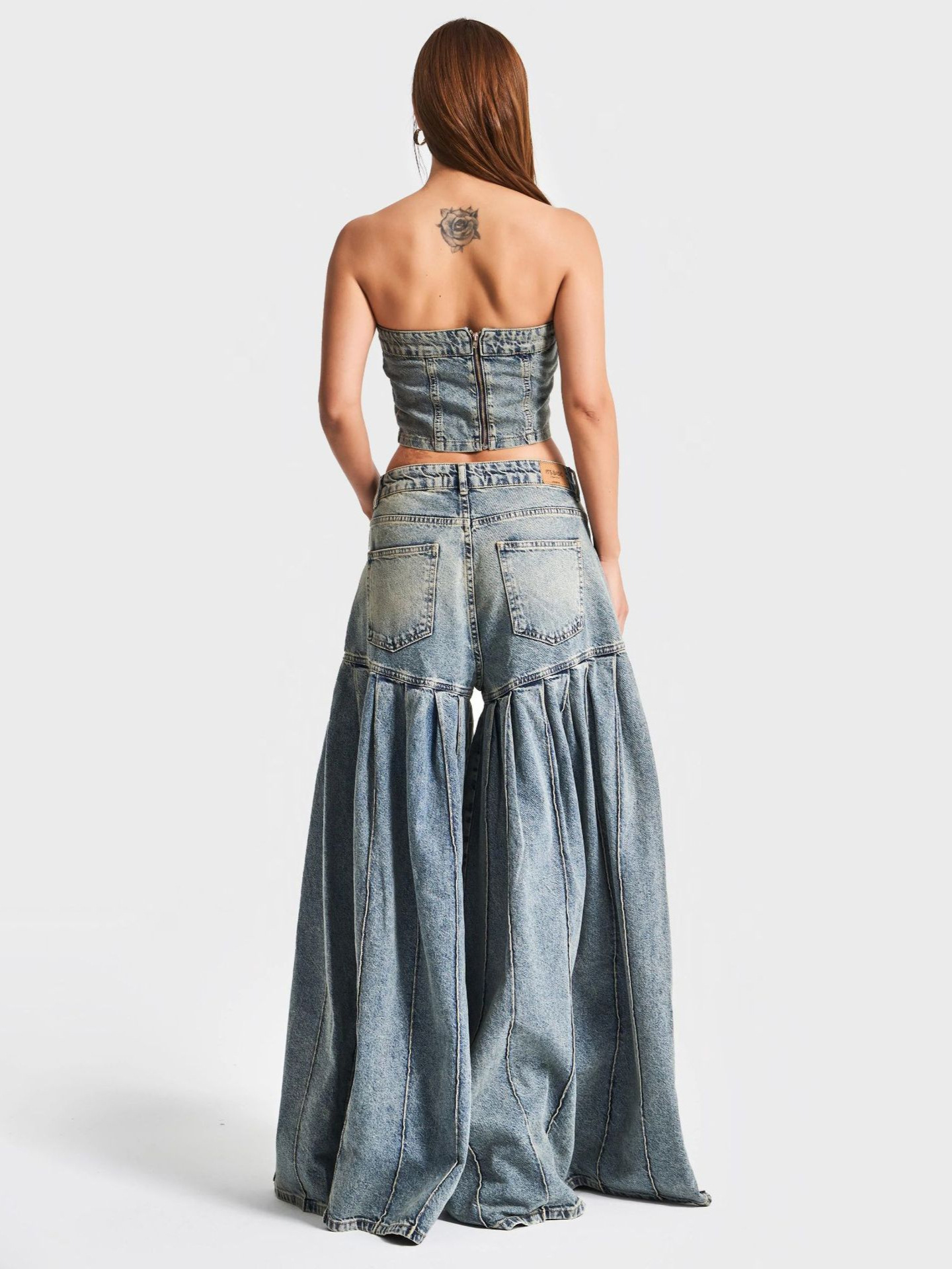 Strapless Denim Corset Crop Top & High - Waisted Pleated  Wide - Leg Pants Set