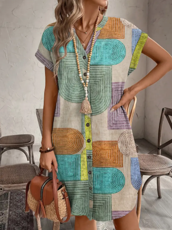 Women'S Summer Geometric Print V-Neck Dress With Buttons