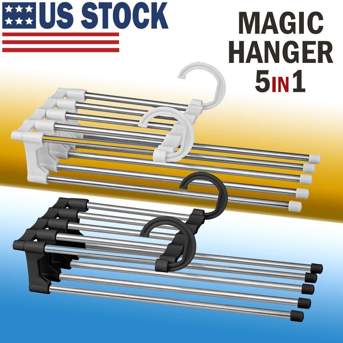 Magic Metal Hanger Closet Space Saver Organizer shipping inside the US USPS First Class Package handling 2 Day Handling 2-5 Day Shipping 5 in1 Multi-functional Pants Rack Shelves Stainless Steel Wardrobe Magic Hanger by KT Deals RANDOM COLOR WHITE/BLACK S