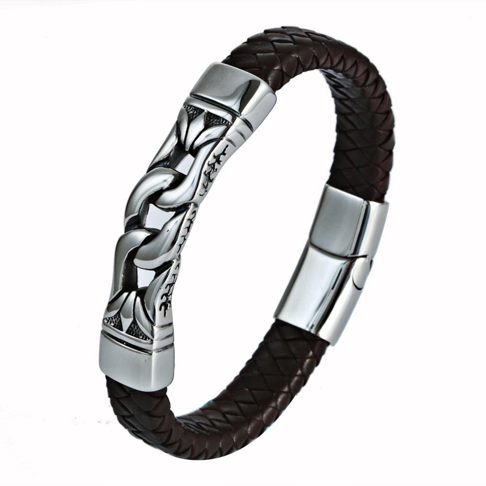 Upside-down Magnetic Buckle Stainless Steel Braided Leather Chain Bracelet