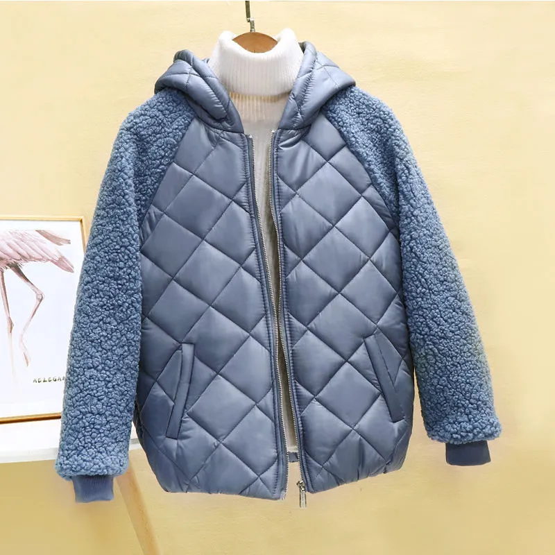 Female Winter Loose Lamb Wool Coat Cotton Jacket - Blue