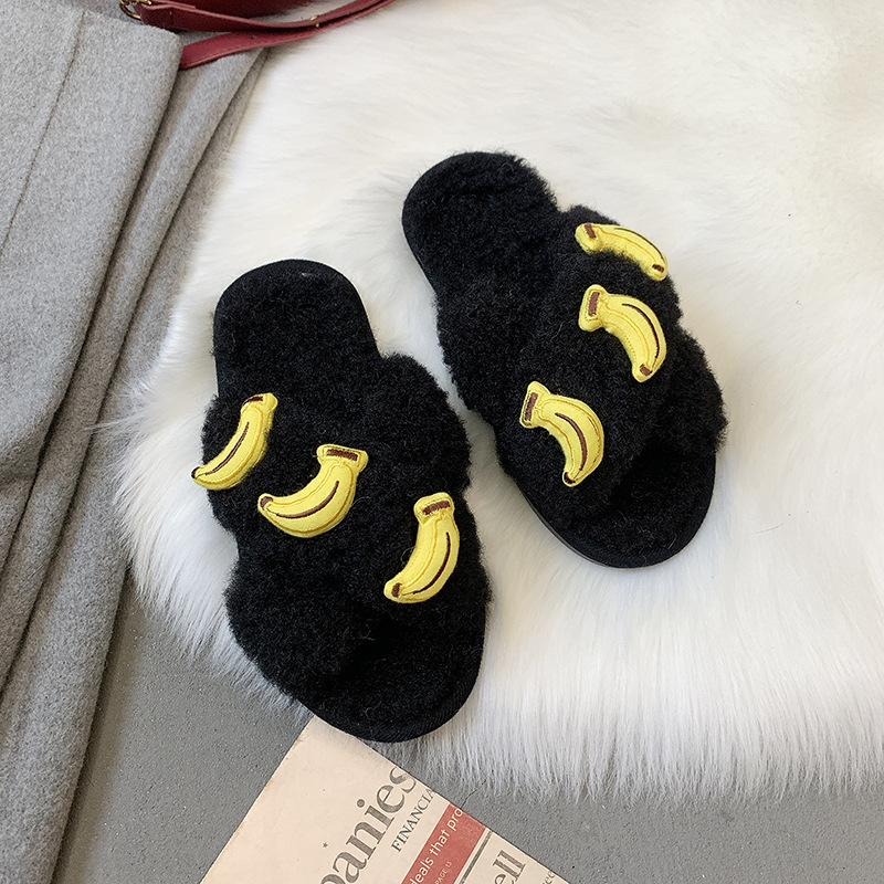 Winter Slippers Women's Outer Wear Cross Lamb Plush Fruit Black - Shop at LoveMi
