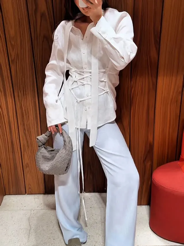 White Linen Tie Long Sleeve Shirt White - Shop at LoveMi