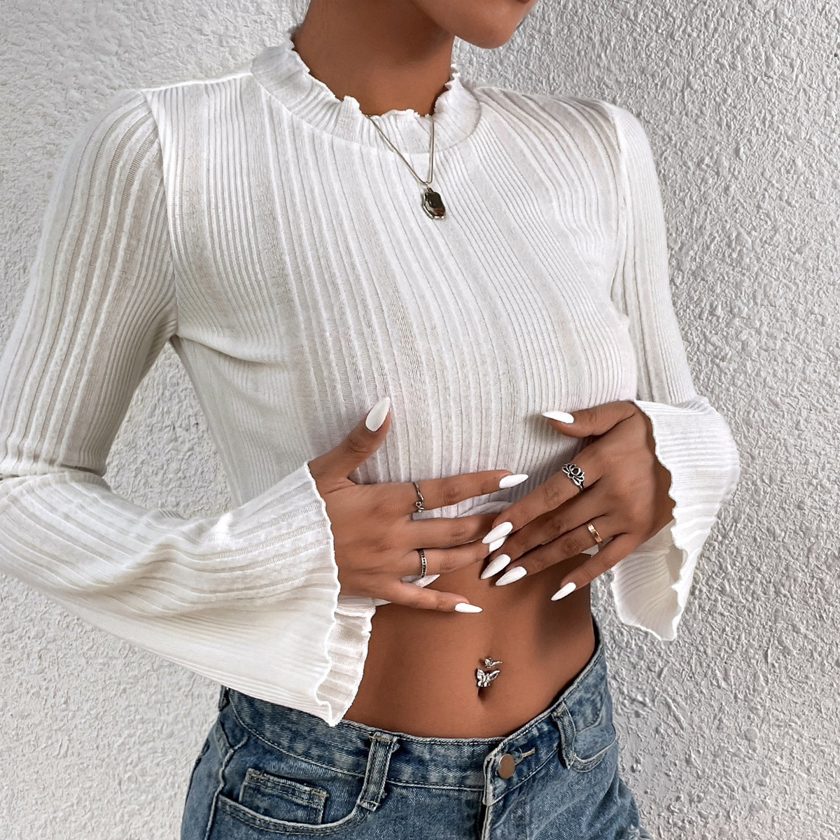 Short Solid Color Long Sleeve Top Pleated Flared Sleeve Shirt