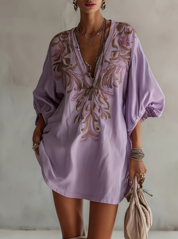 Embroidered V-neck Lantern Sleeve Cotton Linen Loose Short Dress