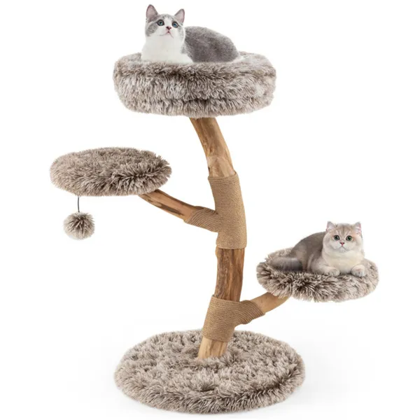Multi level Natural Pear Wood Cat Tree, Sisal Scratching Posts, Plush Balls, Long Plush Fabric 1Pc - Shop at LoveMi