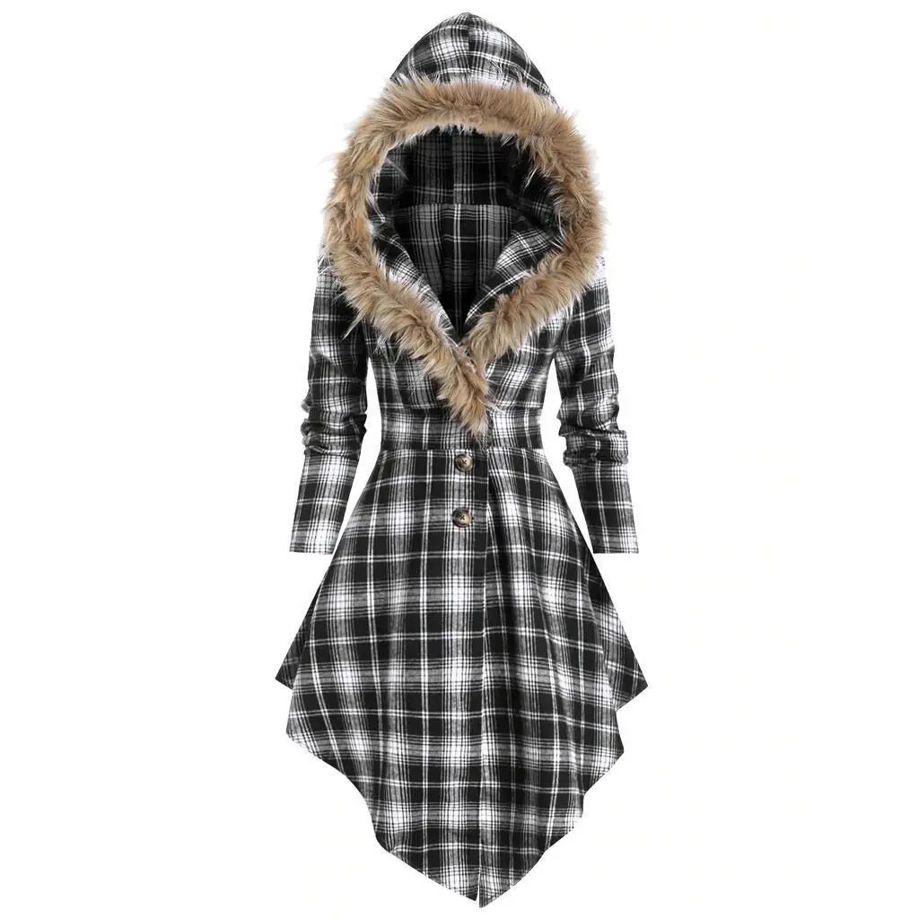 Fur collar hooded slim plaid back mid-length jacket - Black