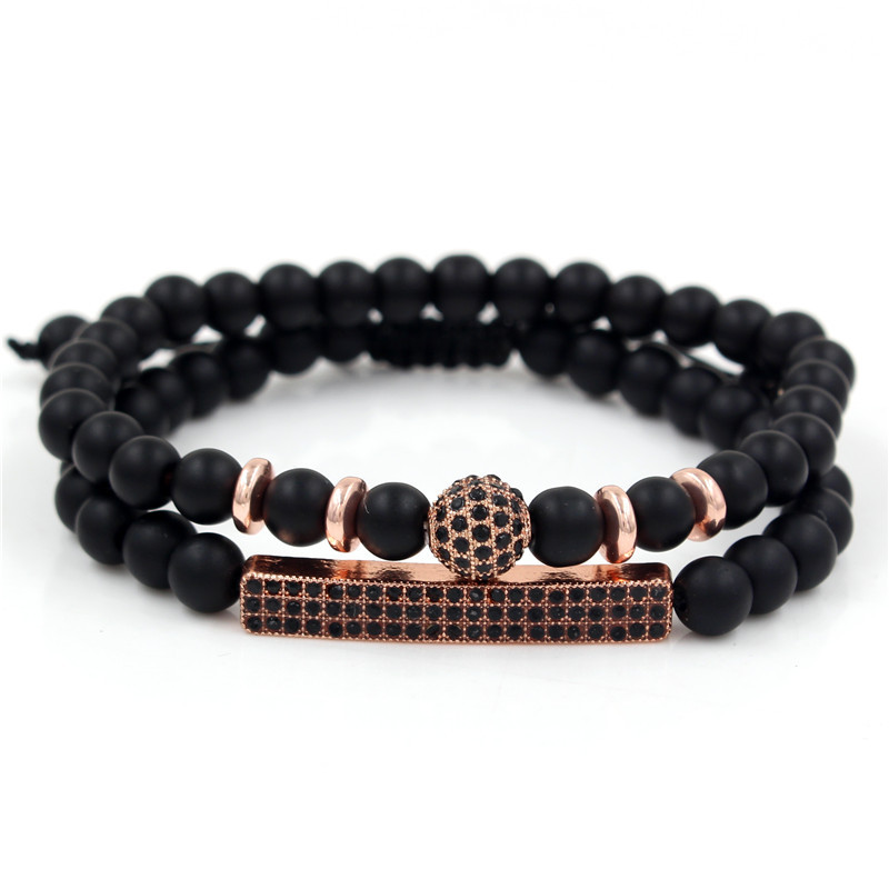 Black Frosted Agate Braided Rhinestone Two-Piece Bracelet
