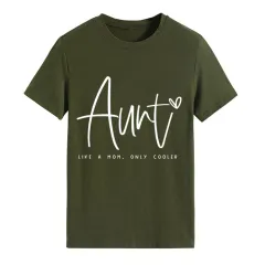 AUNT LIKE A MOM Fashion Round Neck Loose Short Sleeves - Army Green White Font - View 1