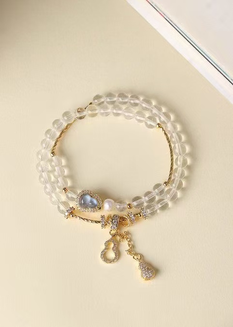 Natural Clear Quartz  Moonstone Bracelet Pearl Gourd Fu Lu Two Tone Beaded Chain Energy Jewelry For Women