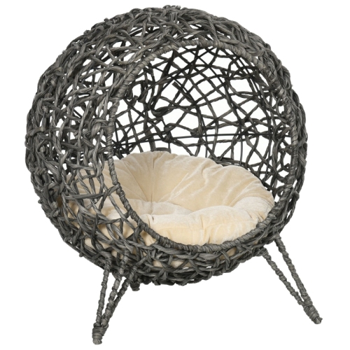 PawHut Rattan Elevated Cat Bed House Kitten Basket Ball Shaped Pet Furniture W Removable Cushion Silver Tone And Grey Grey - Shop at LoveMi