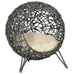 PawHut Rattan Elevated Cat Bed House Kitten Basket Ball Shaped Pet Furniture W Removable Cushion - Silver-Tone And Grey - Grey - View 1