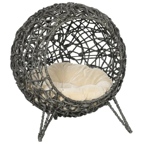 PawHut Rattan Elevated Cat Bed House Kitten Basket Ball Shaped Pet Furniture W Removable Cushion Silver Tone And Grey Grey - Shop at LoveMi