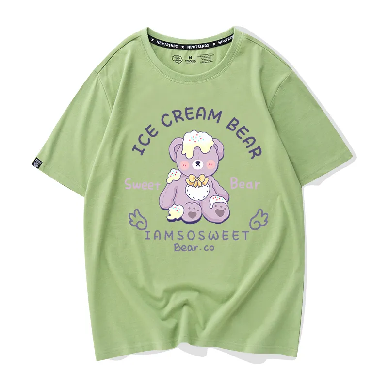 Orso T-shirt A Maniche Corte Donna Allentata E Sottile Maglietta Bianca In Cotone Selvaggio - Green