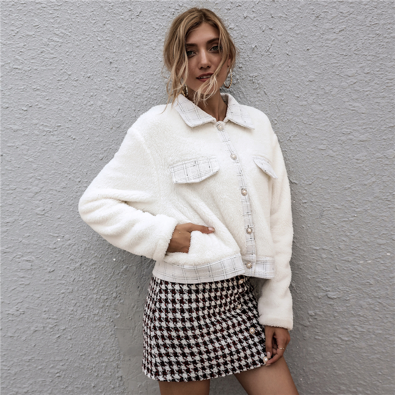 Button Down Lapel Pocket Blouse Woolen Jacket For Lady