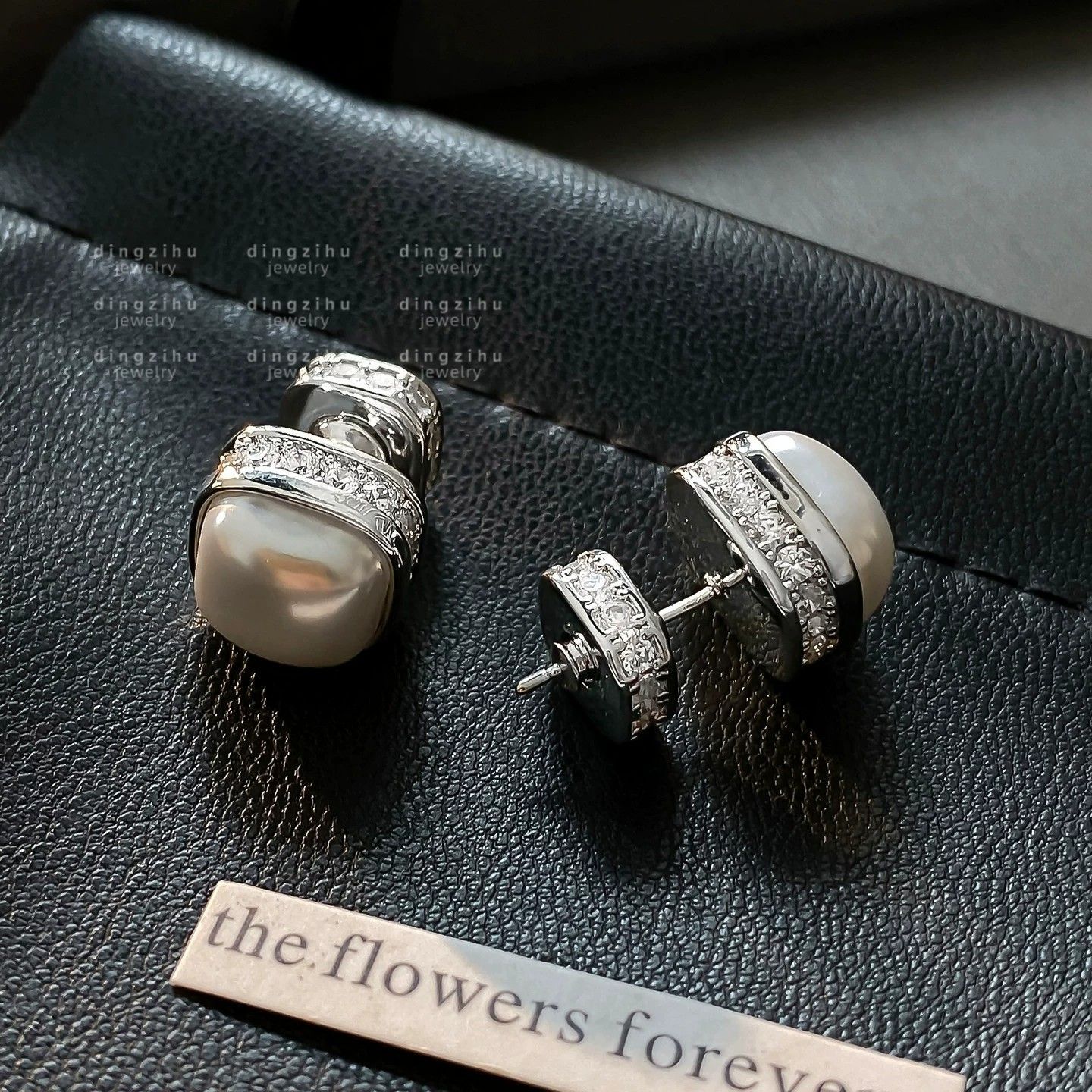 French Style Square Pearl Stud Earrings For Women, Silver Tone Inlaid Zircon, Luxury Retro Elegant High-End Ear Jewelry