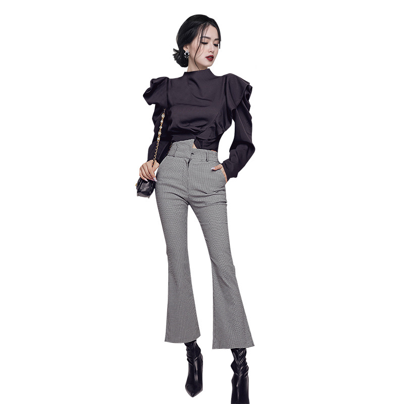Stand Collar Ruffle Top And Flared Pants Fashion Set