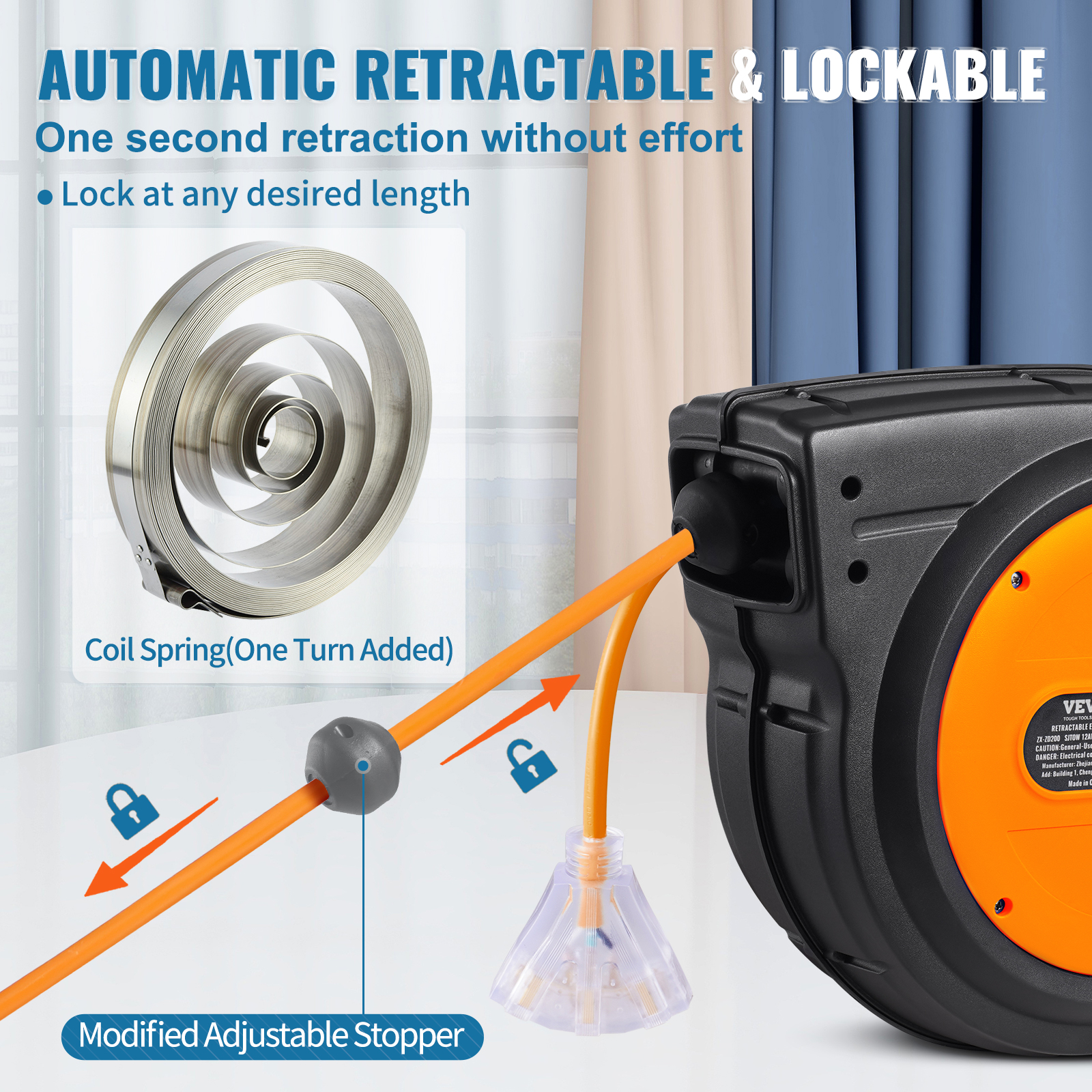 VEVOR Retractable Extension Cord Reel Power Cord Reel 65FT 12AWG 3C SJTOW image 2