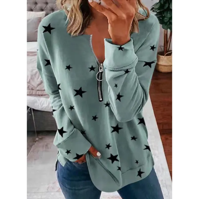 Star Print Long Sleeve Pullover Women's Sweatshirt Light Blue - Shop at LoveMi