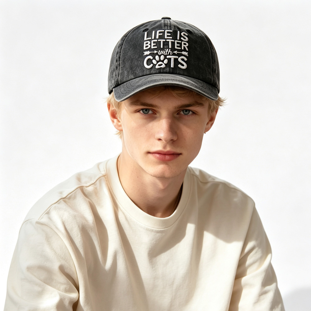 2pcs Washed Distressed Baseball Cap, Life Is Better With Cats Embroidery Vintage Cotton Hat, Cute Cat Paw Print Casual Hat For Cat Lovers — foto 3