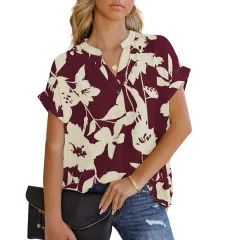 Women's Loose Printed Short Sleeve V-Neck Buttoned Chiffon Shirt - Wine Red - View 1