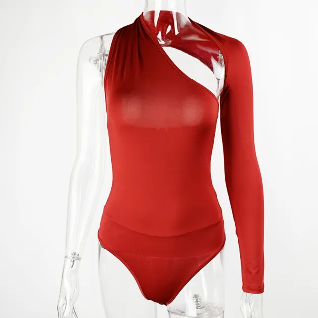Irregular Sexy One shoulder Long sleeved Bodysuit Red - Shop at LoveMi