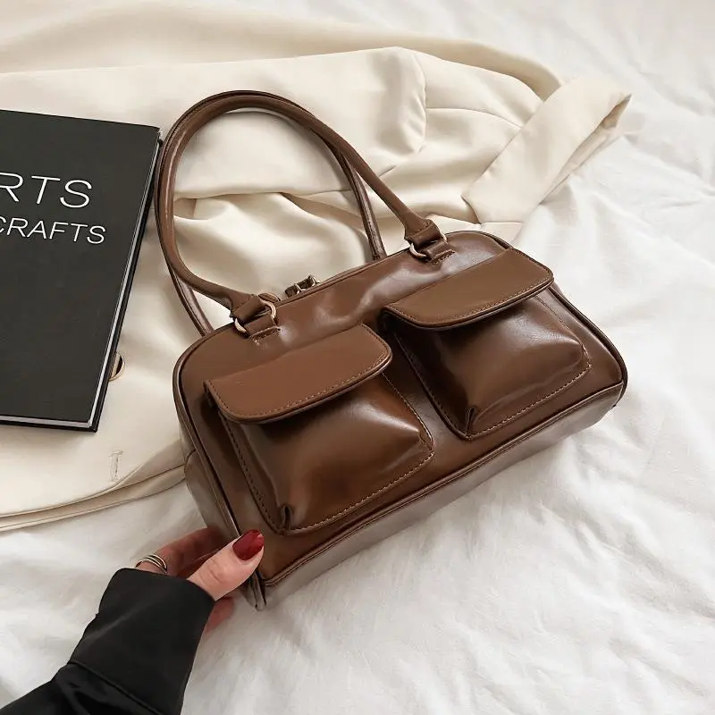 Multi-pocket Design Shoulder Bag Fashion Versatile Square Handbags Women Underarm Bags - Brown