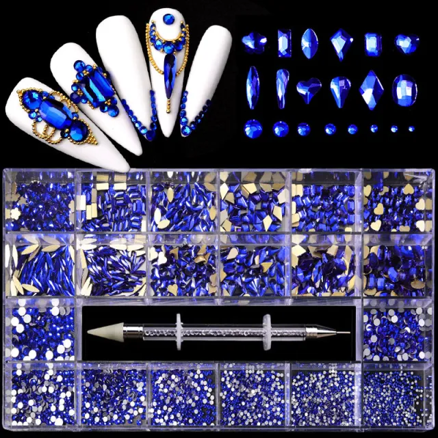 21 Grid Boxed Nail Rhinestone Flat Glass Nail Rhinestone Jewelry Set Blue - Shop at LoveMi