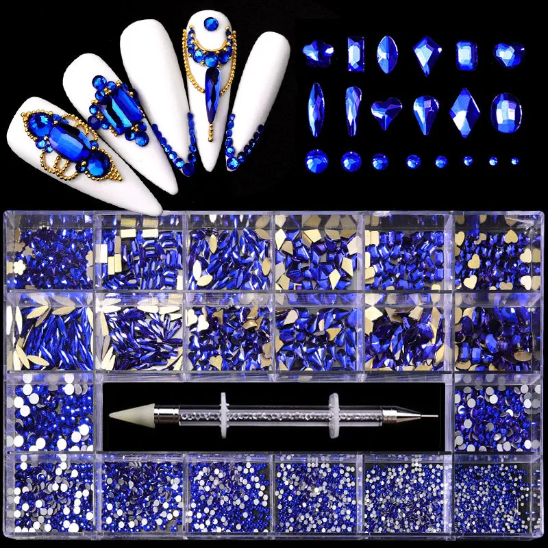 21 Grid Boxed Nail Rhinestone Flat Glass Nail Rhinestone Jewelry Set - Blue