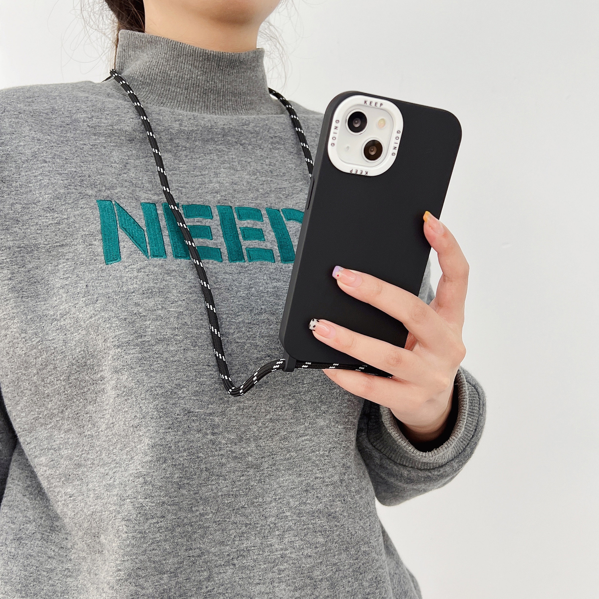 Diagonal Strap Black Phone Case Solid Color Protective Cover - Image 4