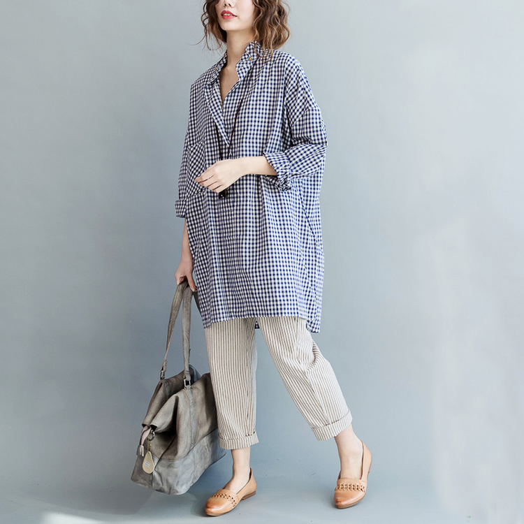 Handmade Beaded Lapel Plaid Casual Large Shirt