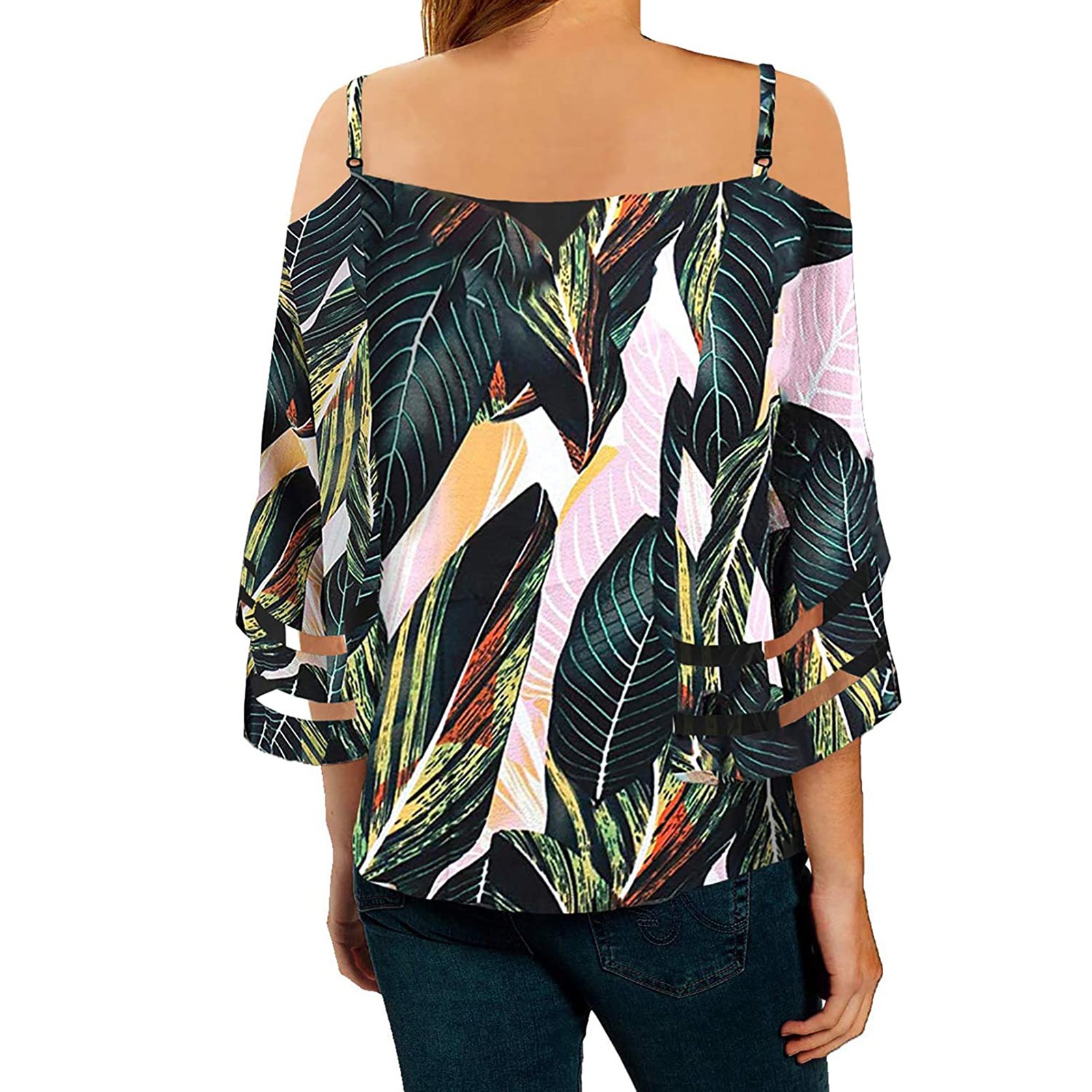 Title 6, Flared Sleeve V-neck Printed Off Shoulder Sling...