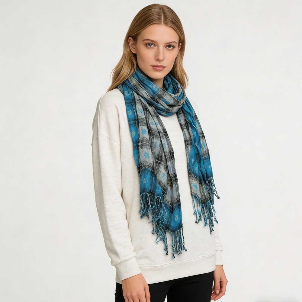 2pcs Extra Long Scarf,Turquoise Jacquard Crinkle Scarf,Cool Tone Jacquard Pattern On Crinkle Base,Versatile Everyday Scarf ,Pairs With All Casual Outfits,Office Appropriate Subtlety For Women