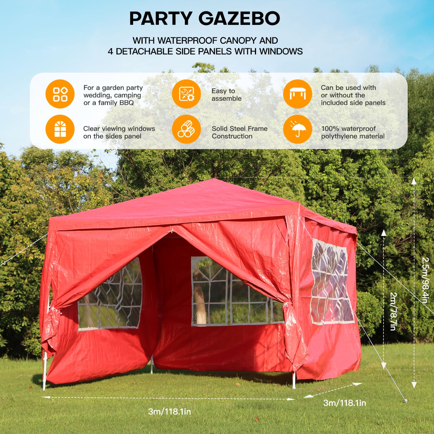 Outdoor Event Gazebo Tent, 3x3M Waterproof Party Marquee With 4 Side — image 7