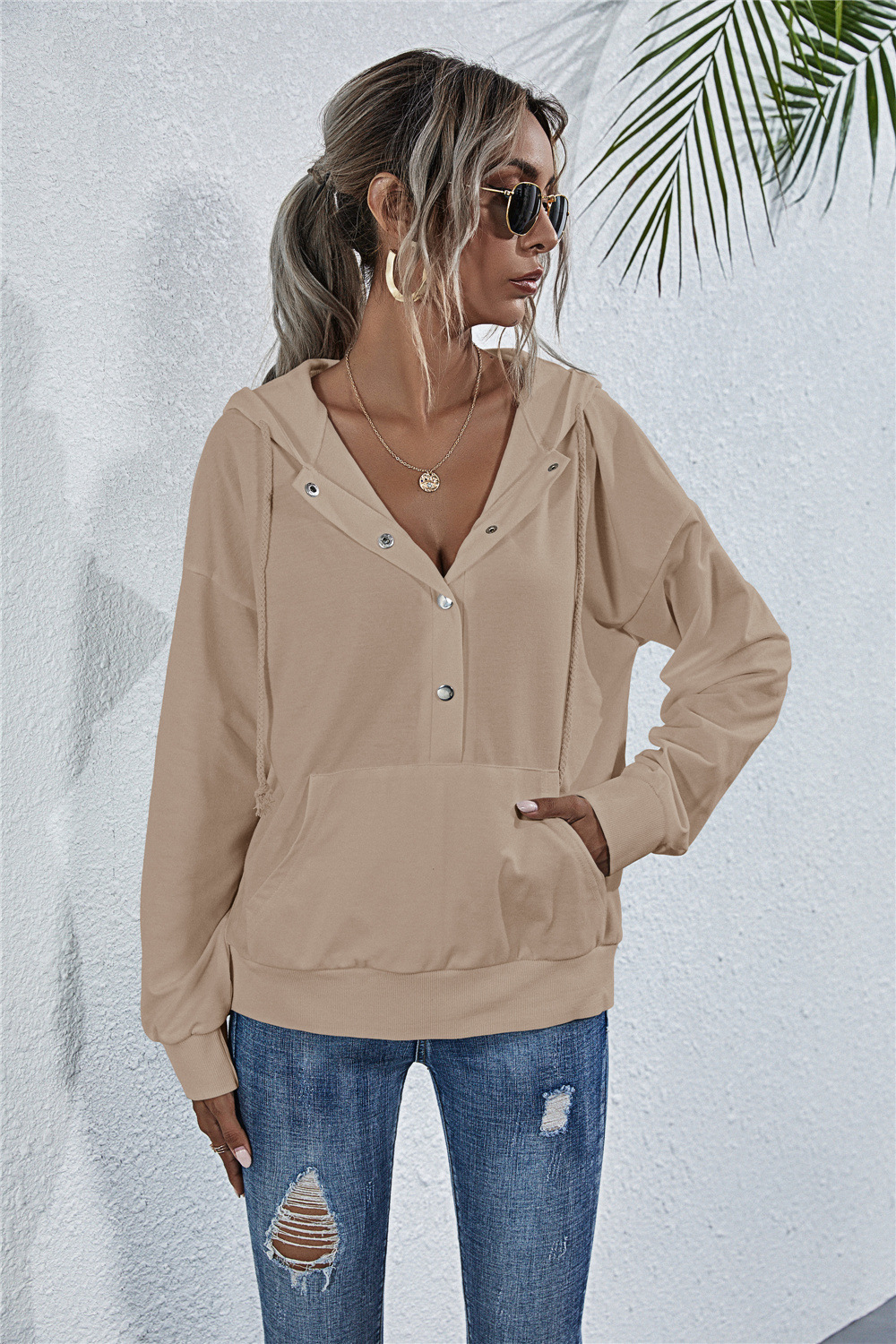 Title 6, Drawstring button pocket loose hoodie