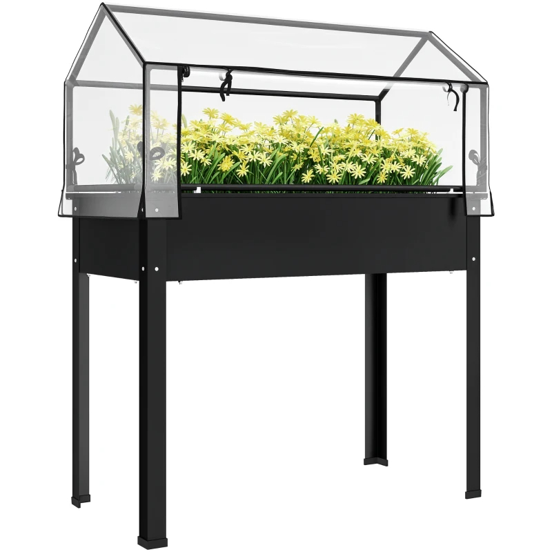 Elevated Garden Box With Greenhouse Cover, Raised Garden Bed With Legs And Drainage Hole For Vegetables, Black