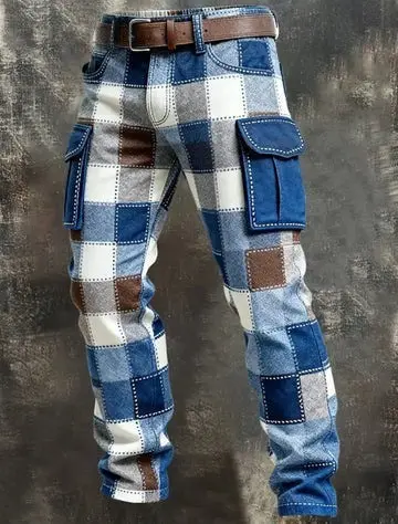 Men Patchwork Plaid Cargo Pants Vintage Color
