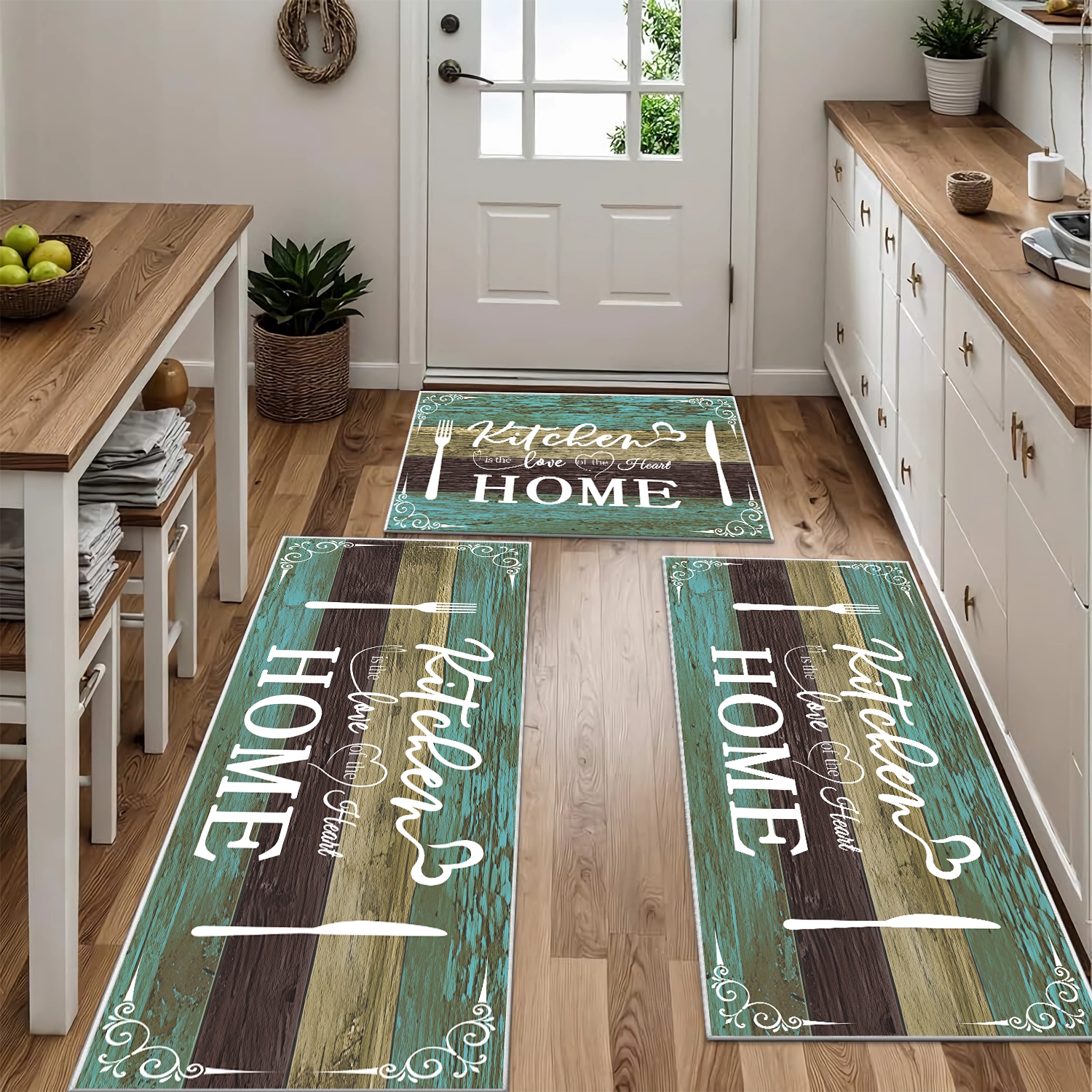 Boho Kitchen Rug Sets 3 Pieces, Washable Kitchen Mats For Floor, Non Slip Soft Kitchen Area Rug Floor Mat For Kitchen, Laundry Room And Hallway Teal, 20''X32'' 20''X48'' 20''X60'' 8